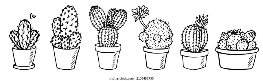 Set of cute hand drawn simple cactus. Houseplant in a pot clipart. Cacti illustration isolated on white background. Cozy home doodle.