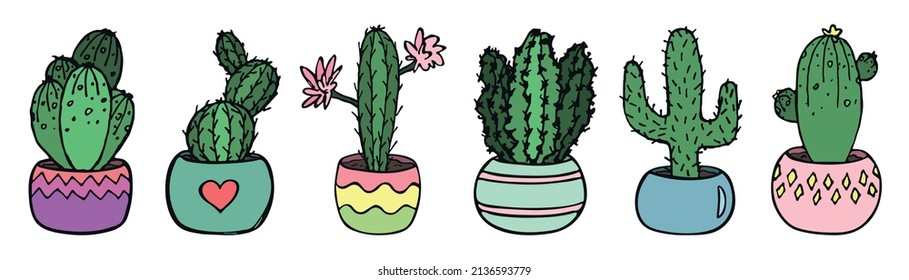 Set von süßen handgezeichnet einfachen Kaktus. Hauspflanze in einem Topf Clip-Art. Kakteen-Illustration einzeln auf weißem Hintergrund. Gemütliches Hausdach.