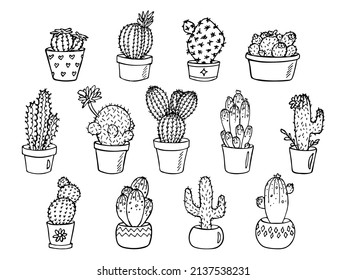 Set of cute hand drawn simple cactus. Houseplant in a pot clipart. Cacti illustration isolated on white background. Cozy home doodle.
