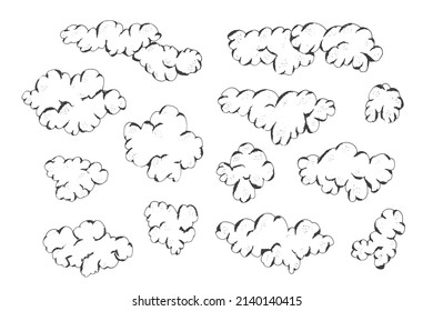 Set of cute hand drawn sketch outline clouds. Fluffy textured cloud elements for kids print design, patterns, stickers, apps and books decoration