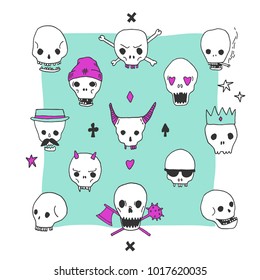 set of cute hand drawn skulls