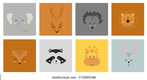 Set of cute hand drawn sleeping animals characters. Cartoon zoo. Vector illustration. Elephant, deer, hedgehog, lion, fox, raccoon, giraffe and hare.