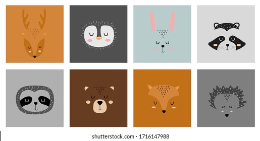 Set of cute hand drawn sleeping animals characters. Cartoon zoo. Vector illustration. Deer, penguin, hare, raccoon, sloth, bear, fox and hedgehog.