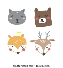 Set Of Cute Hand Drawn Sleepy Animals Characters In Scandinavian Folk Style. Cat, Bear, Fox And Deer Nordic Animals. Vector Illustration Isolated On White.