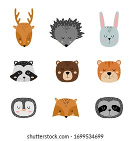 Set of cute hand drawn slleping animals. Cartoon zoo. Vector illustration. Animals for the design of children products in scandinavian style.