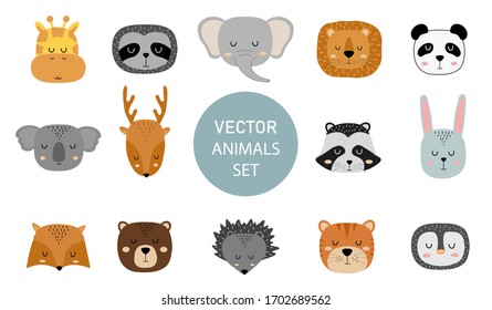 Set of cute hand drawn slleping animals. Cartoon zoo. Vector illustration. Animals for the design of children products in scandinavian style.