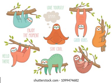 Set of cute hand drawn sloths hanging on the tree. Lazy animal characters. Jungle animal collection.