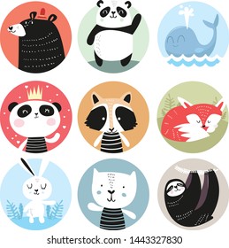 Set of cute hand drawn smiling animals characters. Cartoon. Vector illustration. bunny, bear, panda, raccoon, fox, cat, sloth and whale - Vector