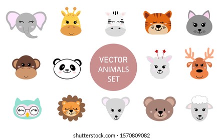 Set of cute hand drawn smiling animals characters. Cartoon zoo. Vector illustration. Elephant, giraffe, Zebra, tiger, cat, monkey, Panda, llama, deer, owl, lion, mouse, bear and sheep.