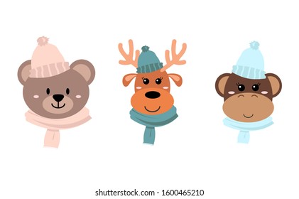 Set of cute hand drawn smiling animals in winter hat and scarf. Cartoon zoo. Vector illustration. Bear, mokey and deer for the design of children's products in scandinavian style.