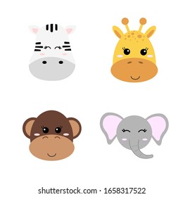 Conjunto de lindos animales sonrientes dibujados a mano - jirafa, elefante, cebra y mono. Zoológico de dibujos animados. Ilustración vectorial. Animales para el diseño de productos infantiles al estilo escandinavo.
