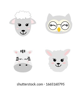 Conjunto de lindos animales sonrientes dibujados a mano - ovejas, búho, cebra y llama. Zoológico de dibujos animados. Ilustración vectorial. Animales para el diseño de productos infantiles al estilo escandinavo.