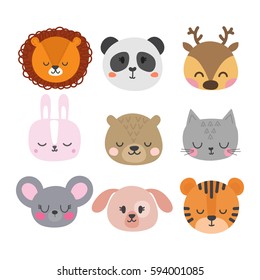 Set of cute hand drawn smiling animals. Cat, bunny, lion, panda, tiger, dog, deer, mouse and bear. Cartoon zoo. Vector illustration
