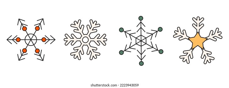 Set süße handgezeichnete Schneeflocken zum Dekorieren von Postkarte, Einladung, Poster. Cartoon-Weihnachtsgrafik mit Umrissgrenze. Wintersaisonelemente einzeln auf Weiß
