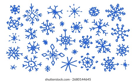 Set of cute hand drawn snowflakes in doodle style. Collection of playful winter elements, childish drawings. Decoration for Christmas, New Year designs, greeting cards. Isolated illustration.
