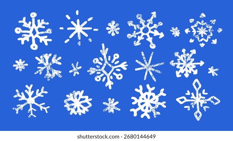Set of cute hand drawn snowflakes in doodle style. Collection of playful winter elements with crayon pencil texture. Decoration for Christmas, New Year designs, greeting cards. Isolated illustration.