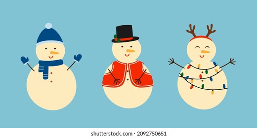 Conjunto de adorables muñecos de nieve dibujados a mano con diferentes ropas y decoración. Elemento de diseño navideño de invierno al estilo doodle. Ilustración vectorial aislada