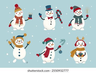 Set cute hand drawn snowmen for Christmas and Happy New Year design on blue background. Grunge texture effect. Holiday templates for card, poster, stickers, cover, invitation, print.