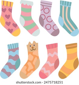 Set of cute hand drawn socks. Vector pastel color cartoon illustration in flat style
