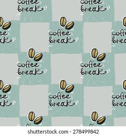 Set of cute hand drawn soft colored coffee. Vector illustration. Set of isolated home breakfast party elements. Sketch pattern on blue checkered tablecloth background
