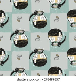 Set of cute hand drawn soft colored cafetiere and coffee. Vector illustration. Set of isolated home breakfast party elements. Sketch pattern on blue checkered tablecloth background