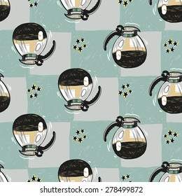 Set of cute hand drawn soft colored cafetiere and star. Vector illustration. Set of isolated home breakfast party elements. Sketch pattern on blue checkered tablecloth background