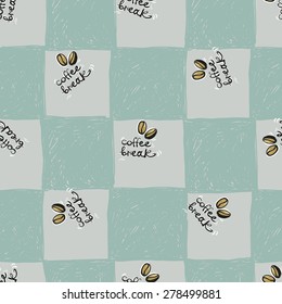 Set of cute hand drawn soft colored coffee. Vector illustration. Set of isolated home breakfast party elements. Sketch pattern on blue checkered tablecloth background