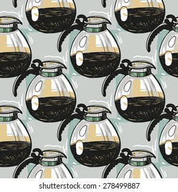 Set of cute hand drawn soft colored cafetiere. Vector illustration. Set of isolated home breakfast party elements. Sketch pattern on blue checkered tablecloth background