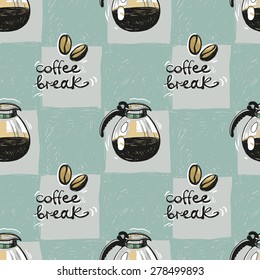Set of cute hand drawn soft colored cafetiere and coffee. Vector illustration. Set of isolated home breakfast party elements. Sketch pattern on blue checkered tablecloth background