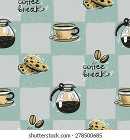 Set of cute hand drawn soft colored cafetiere and coffee. Vector illustration. Set of isolated home breakfast party elements. Sketch pattern on blue checkered tablecloth background