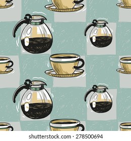 Set of cute hand drawn soft colored cafetiere and coffee. Vector illustration. Set of isolated home breakfast party elements. Sketch pattern on blue checkered tablecloth background