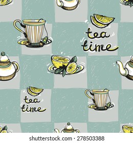 Set of cute hand drawn soft colored lemon, teapot, tea, cup. Vector illustration. Set of isolated home breakfast party elements. Sketch pattern on blue checkered tablecloth background