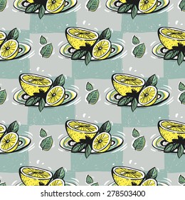 Set of cute hand drawn soft colored lemon and leaf. Vector illustration. Set of isolated home breakfast party elements. Sketch pattern on blue checkered tablecloth background