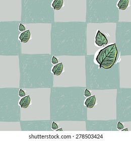 Set of cute hand drawn soft colored leaf. Vector illustration. Set of isolated home breakfast party elements. Sketch pattern on blue checkered tablecloth background
