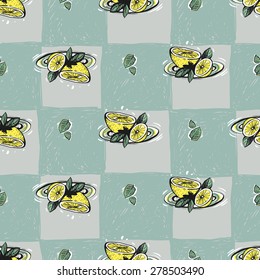 Set of cute hand drawn soft colored lemon and leaf. Vector illustration. Set of isolated home breakfast party elements. Sketch pattern on blue checkered tablecloth background