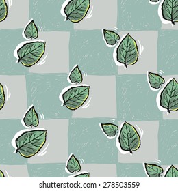 Set of cute hand drawn soft colored leaf. Vector illustration. Set of isolated home breakfast party elements. Sketch pattern on blue checkered tablecloth background