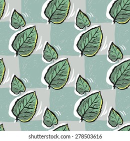 Set of cute hand drawn soft colored leaf. Vector illustration. Set of isolated home breakfast party elements. Sketch pattern on blue checkered tablecloth background