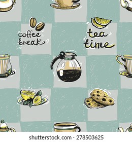 Set of cute hand drawn soft colored lemon, teapot, coffee, tea, cup, biscuit. Vector illustration. Set of isolated home breakfast party elements. Sketch pattern on blue checkered tablecloth background