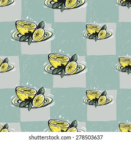 Set of cute hand drawn soft colored lemon. Vector illustration. Set of isolated home breakfast party elements. Sketch pattern on blue checkered tablecloth background