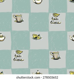 Set of cute hand drawn soft colored lemon, teapot, tea, cup. Vector illustration. Set of isolated home breakfast party elements. Sketch pattern on blue checkered tablecloth background