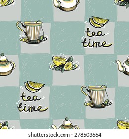Set of cute hand drawn soft colored lemon, teapot, tea, cup. Vector illustration. Set of isolated home breakfast party elements. Sketch pattern on blue checkered tablecloth background
