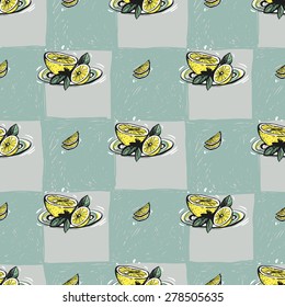 Set of cute hand drawn soft colored lemon. Vector illustration. Set of isolated home breakfast party elements. Sketch pattern on blue checkered tablecloth background