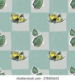 Set of cute hand drawn soft colored lemon and leaf. Vector illustration. Set of isolated home breakfast party elements. Sketch pattern on blue checkered tablecloth background