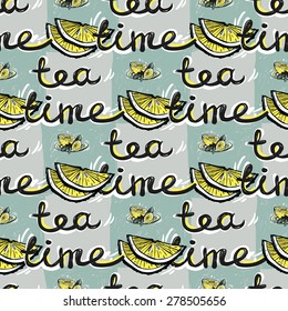 Set of cute hand drawn soft colored lemon and tea. Vector illustration. Set of isolated home breakfast party elements. Sketch pattern on blue checkered tablecloth background