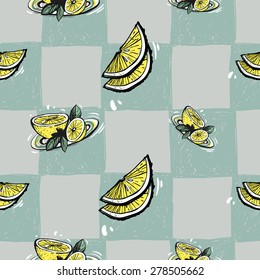 Set of cute hand drawn soft colored lemon. Vector illustration. Set of isolated home breakfast party elements. Sketch pattern on blue checkered tablecloth background