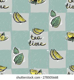Set of cute hand drawn soft colored lemon, leaf, tea. Vector illustration. Set of isolated home breakfast party elements. Sketch pattern on blue checkered tablecloth background