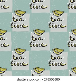 Set of cute hand drawn soft colored tea. Vector illustration. Set of isolated home breakfast party elements. Sketch pattern on blue checkered tablecloth background
