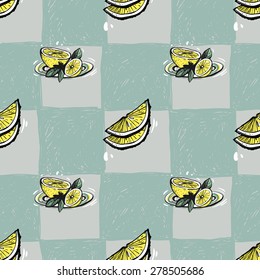 Set of cute hand drawn soft colored lemon. Vector illustration. Set of isolated home breakfast party elements. Sketch pattern on blue checkered tablecloth background