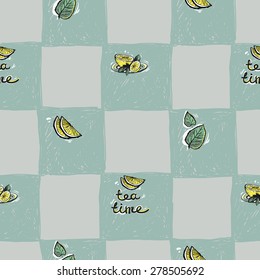 Set of cute hand drawn soft colored lemon, leaf, tea. Vector illustration. Set of isolated home breakfast party elements. Sketch pattern on blue checkered tablecloth background