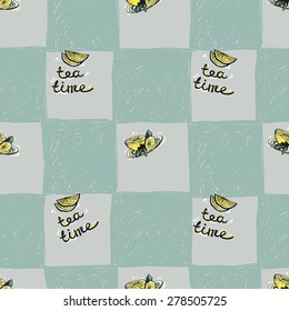 Set of cute hand drawn soft colored lemon and tea. Vector illustration. Set of isolated home breakfast party elements. Sketch pattern on blue checkered tablecloth background